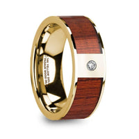 TOBIT Men’s Polished 14k Yellow Gold Wedding Ring with Padauk Wood Inlay & Diamond - 8mm - Larson Jewelers