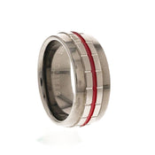 8MM Gunmetal Grey Tungsten Carbide Band with Vertical Grooves, Fire Red Center Stripe & Satin Finish - Larson Jewelers