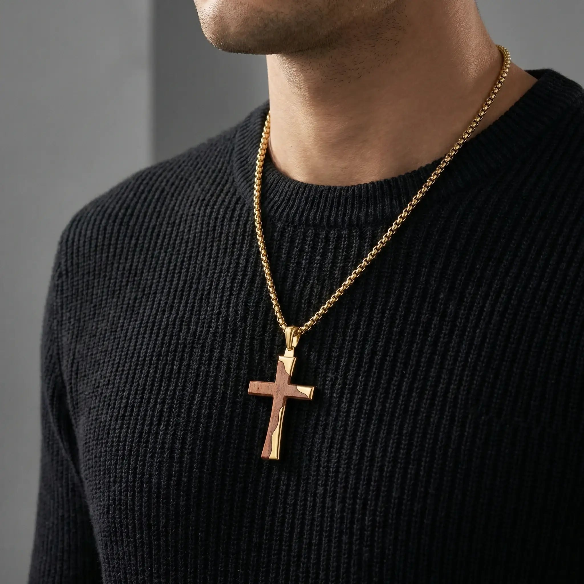 Gold Stainless Steel Cross Pendant with Bubinga Wood Inlay and