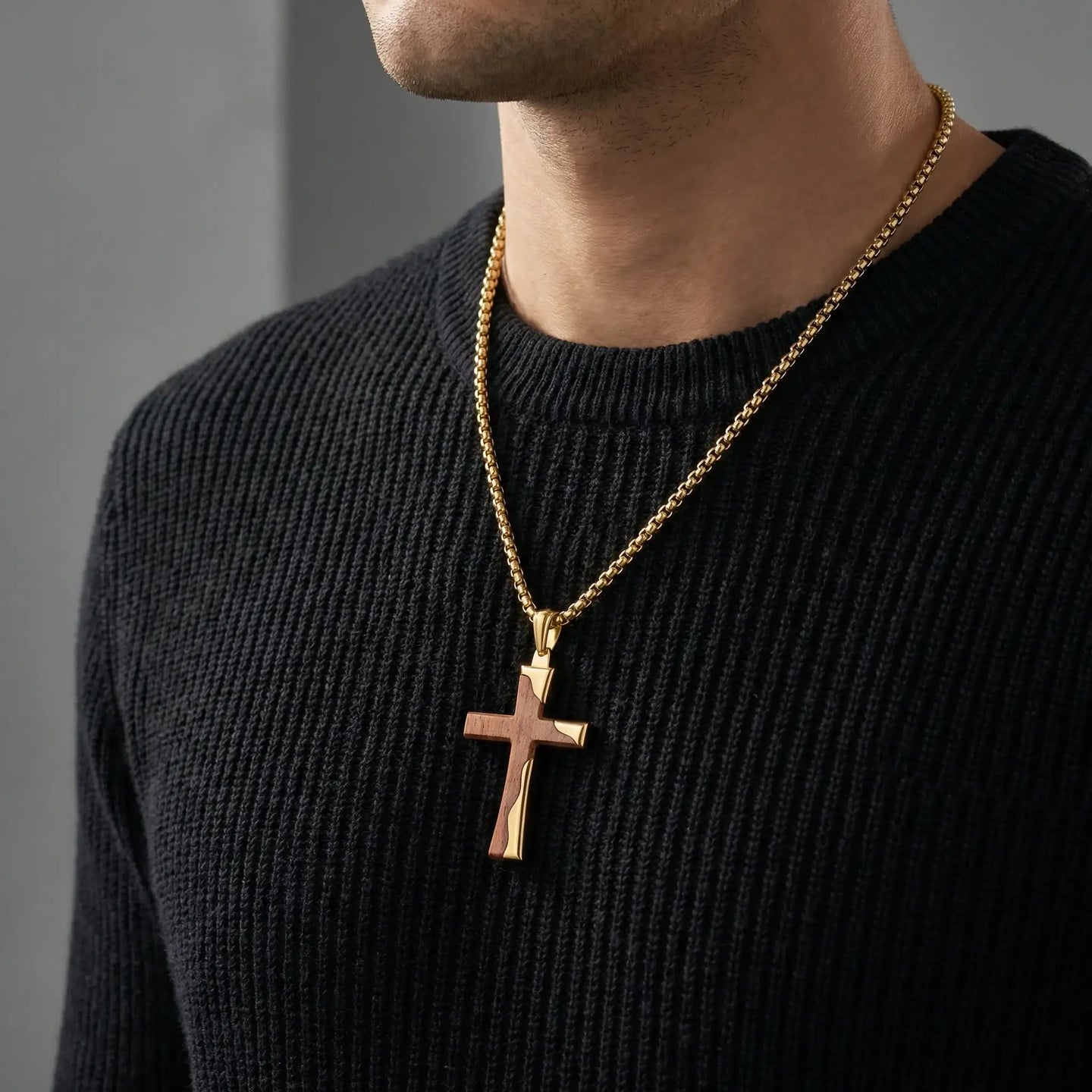 Gold Stainless Steel Cross Pendant with Bubinga Wood Inlay and 22in Matching Chain - Larson Jewelers