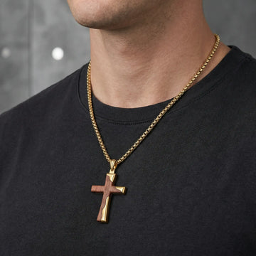 Gold Stainless Steel Cross Pendant with Bubinga Wood Inlay and 22in Matching Chain - Larson Jewelers