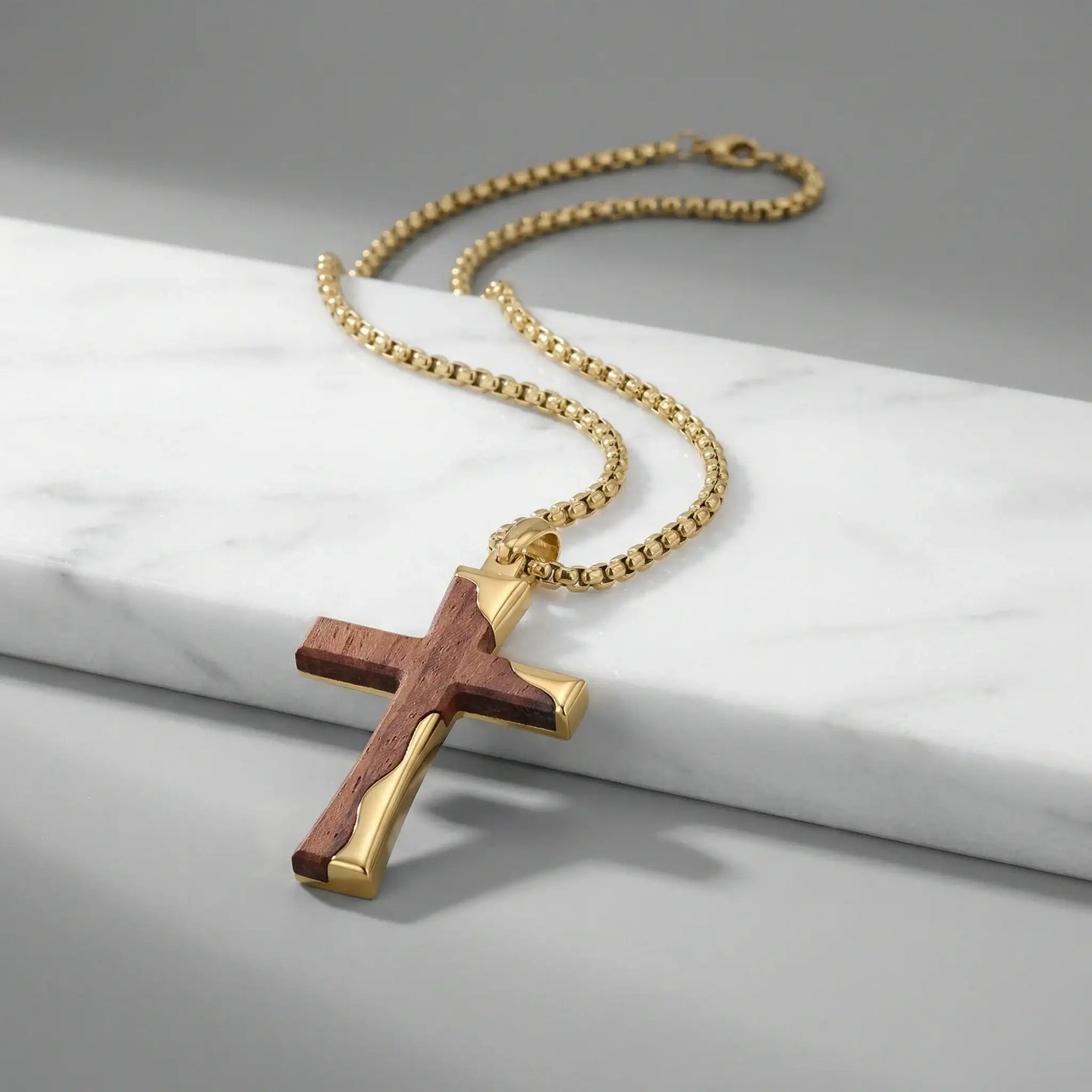 Gold Stainless Steel Cross Pendant with Bubinga Wood Inlay and 22in Matching Chain - Larson Jewelers