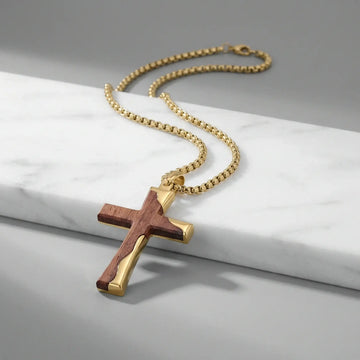 Gold Stainless Steel Cross Pendant with Bubinga Wood Inlay and 22in Matching Chain - Larson Jewelers