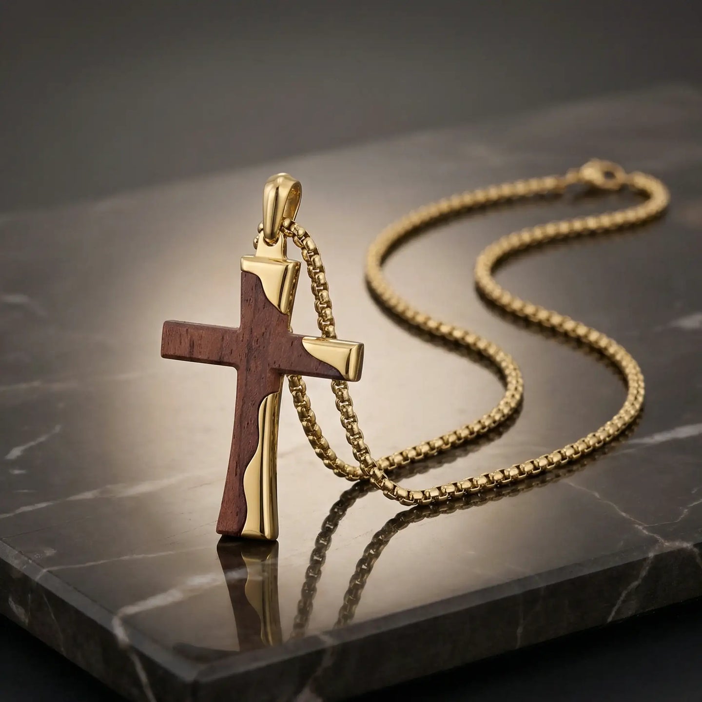 Gold Stainless Steel Cross Pendant with Bubinga Wood Inlay and 22in Matching Chain - Larson Jewelers
