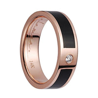 14K Rose Gold Flat Wedding Band Ebony Wood Inlay & 1 Diamond Setting - 6mm - Larson Jewelers