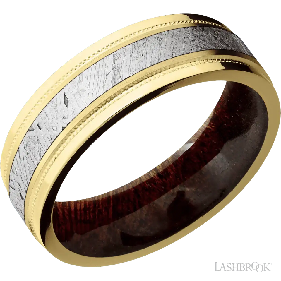 10K Yellow Gold with Satin , Polish Finish and Meteorite Inlay and Sapele - 7MM - Larson Jewelers