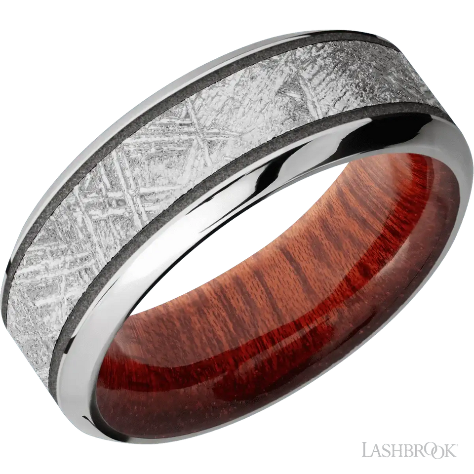 Cobalt Chrome with Polish , Polish Finish and Meteorite Inlay and Blood Wood - 8MM - Larson Jewelers