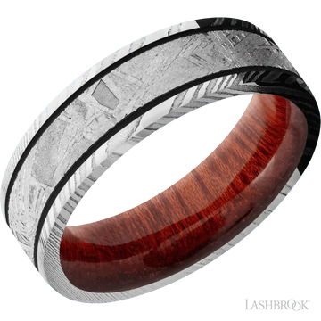 Damascus with Polish Finish and Meteorite Inlay and Blood Wood - 7MM - Larson Jewelers