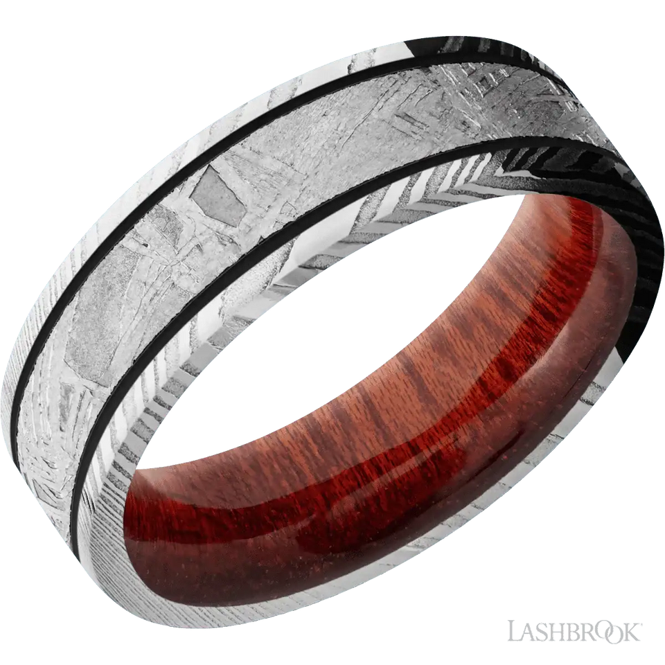 Damascus with Polish Finish and Meteorite Inlay and Blood Wood - 7MM - Larson Jewelers