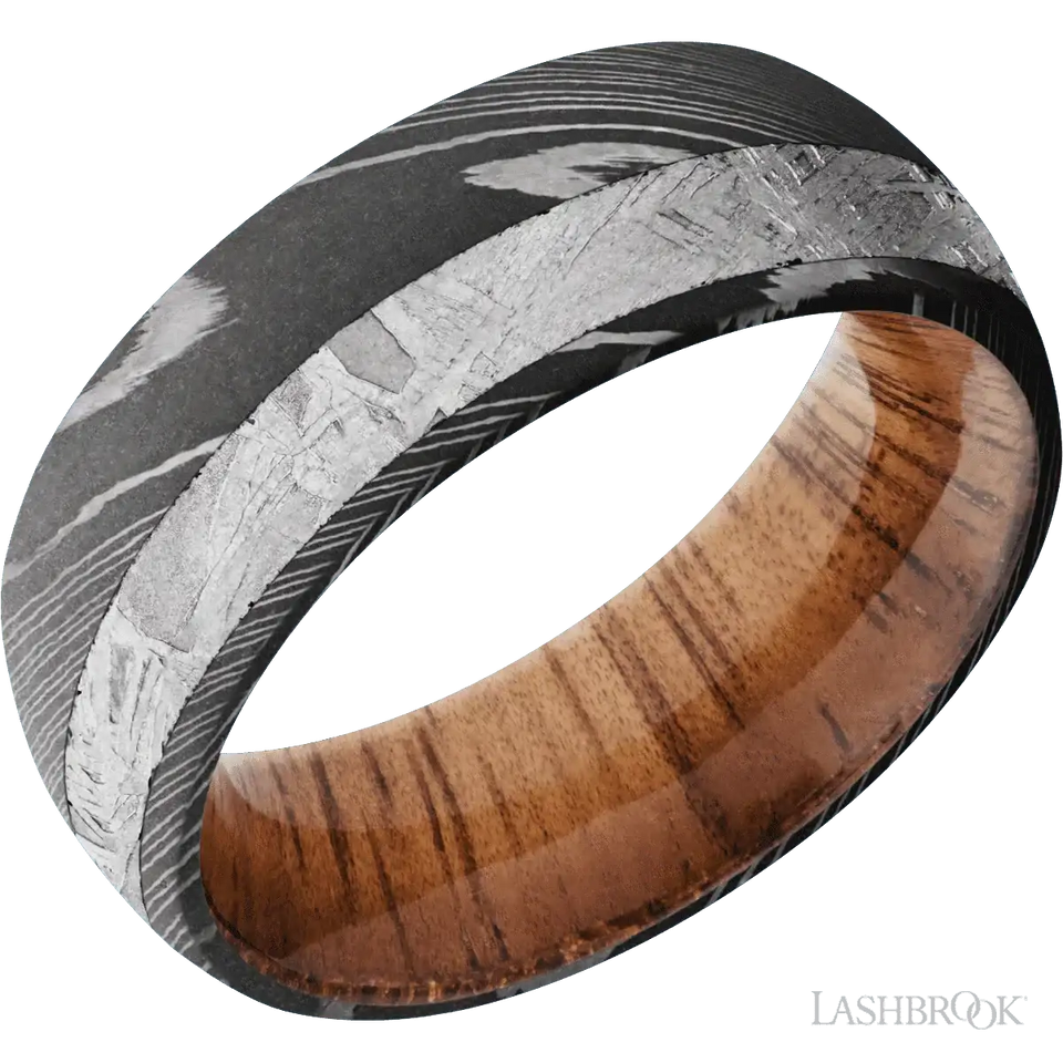 Damascus with Acid Finish and Meteorite Inlay and Koa - 8MM - Larson Jewelers