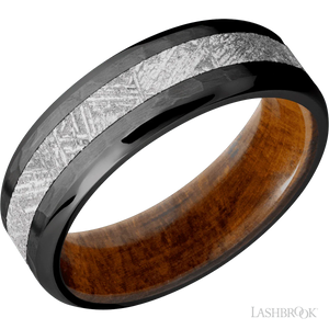 Zirconium with Hammer , Polish Finish and Meteorite Inlay and Desert Iron Wood - 7MM - Larson Jewelers