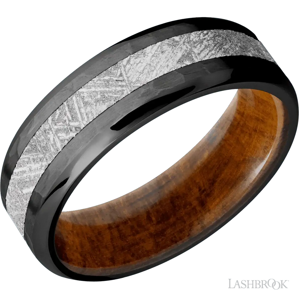 Zirconium with Hammer , Polish Finish and Meteorite Inlay and Desert Iron Wood - 7MM - Larson Jewelers