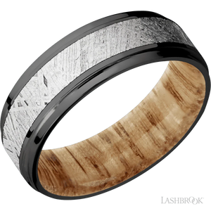 Zirconium with Polish , Polish Finish and Meteorite Inlay and Natural Oak - 7MM - Larson Jewelers