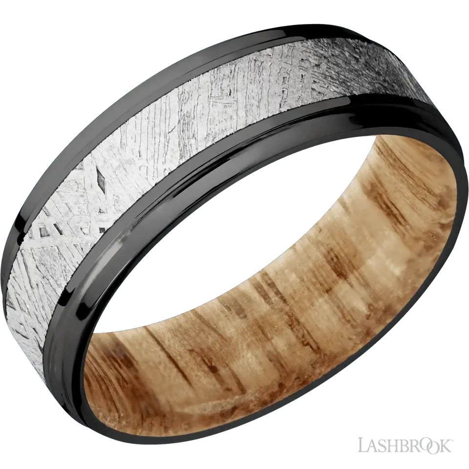 Zirconium with Polish , Polish Finish and Meteorite Inlay and Natural Oak - 7MM - Larson Jewelers