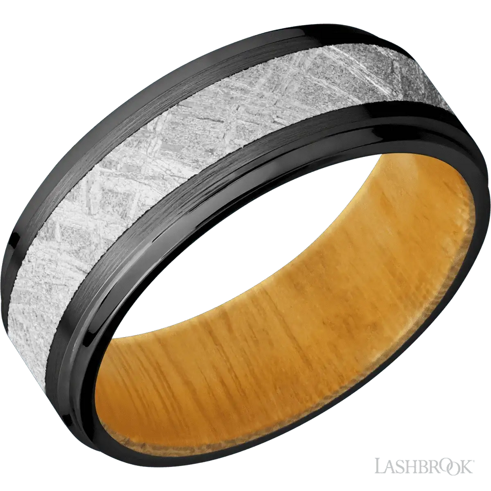 Zirconium with Satin , Polish Finish and Meteorite Inlay and Osage Orange - 8MM - Larson Jewelers
