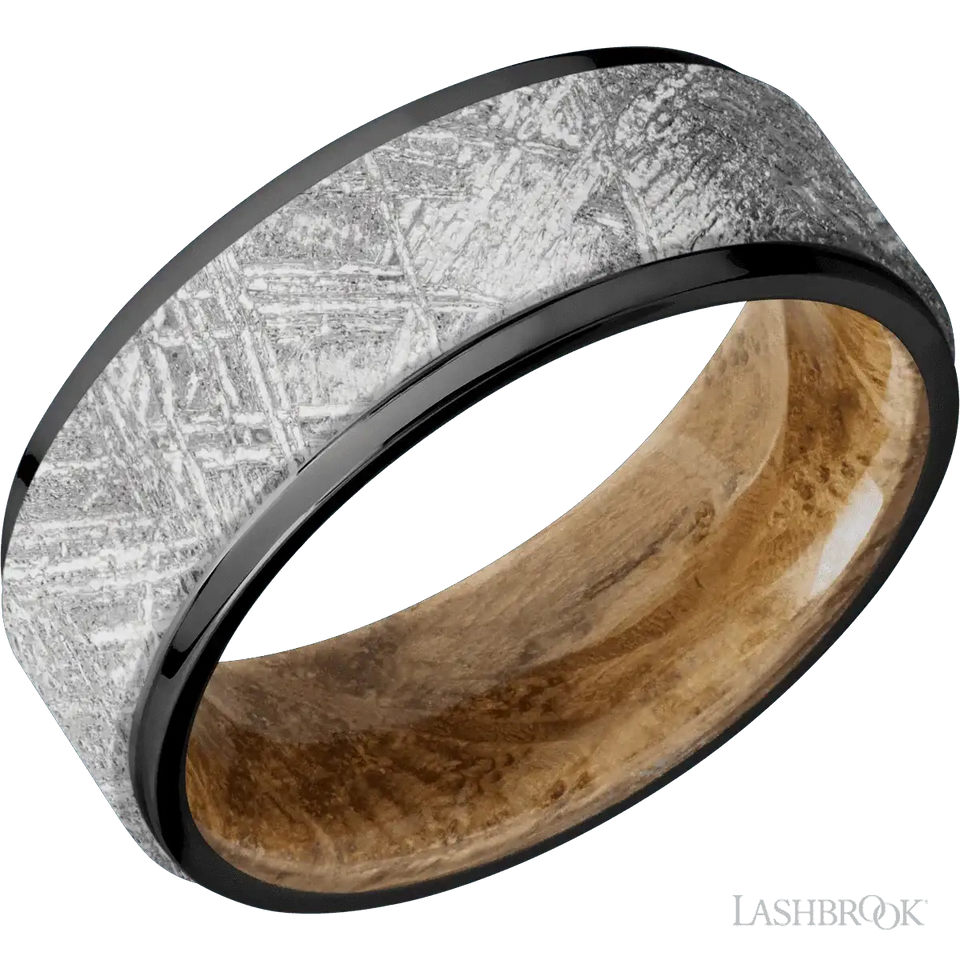 Zirconium with Polish Finish and Meteorite Inlay and Whiskey Barrel - 8MM - Larson Jewelers
