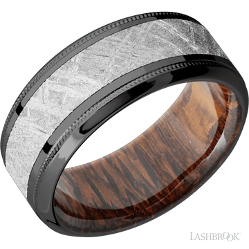 Zirconium with Polish , Polish Finish and Meteorite Inlay and Leopard Wood - 9MM - Larson Jewelers