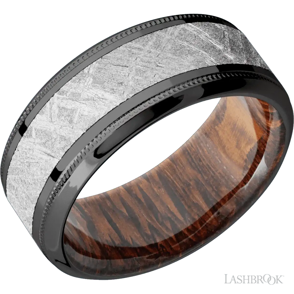 Zirconium with Polish , Polish Finish and Meteorite Inlay and Leopard Wood - 9MM - Larson Jewelers