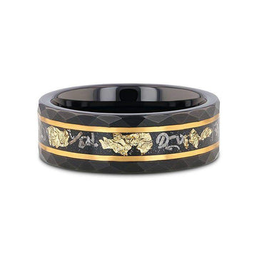 Flat lay of INFINIA 8mm black tungsten ring highlighting meteorite and gold flake inlay with gold-tone borders