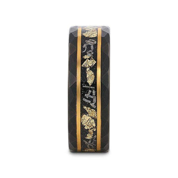 Front view of INFINIA 8mm black tungsten band showing central meteorite and gold flake inlay bordered by gold-tone lines