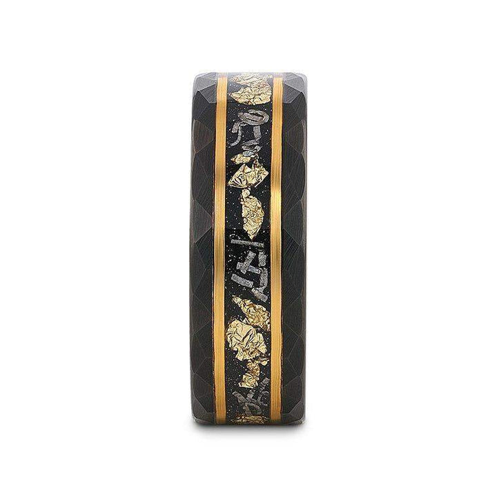 Front view of INFINIA 8mm black tungsten band showing central meteorite and gold flake inlay bordered by gold-tone lines