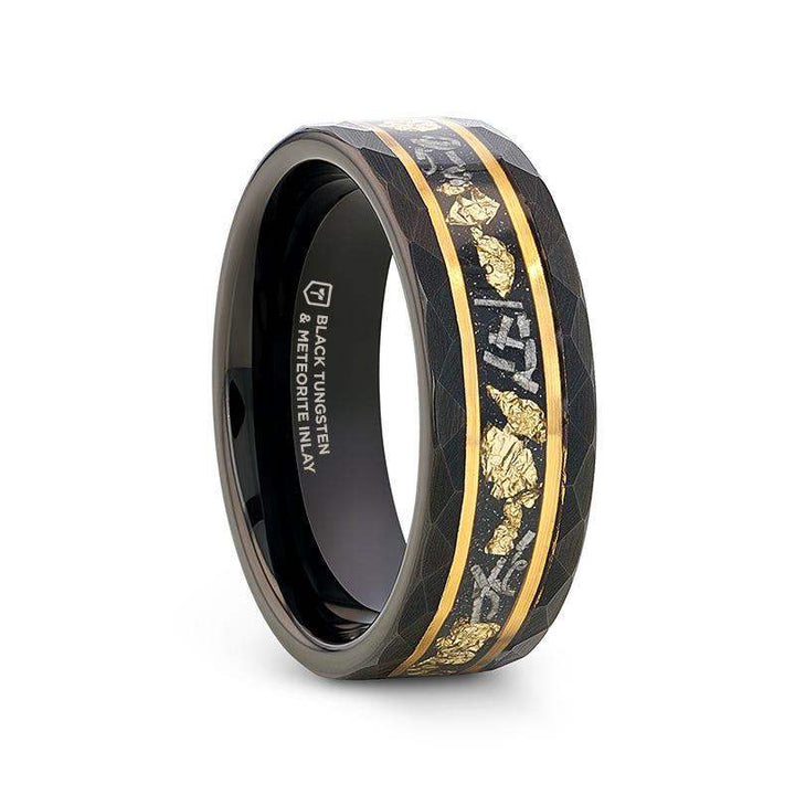 Angled view of INFINIA 8mm black tungsten ring with faceted edges, center meteorite inlay and gold flake accents between gold-tone rails