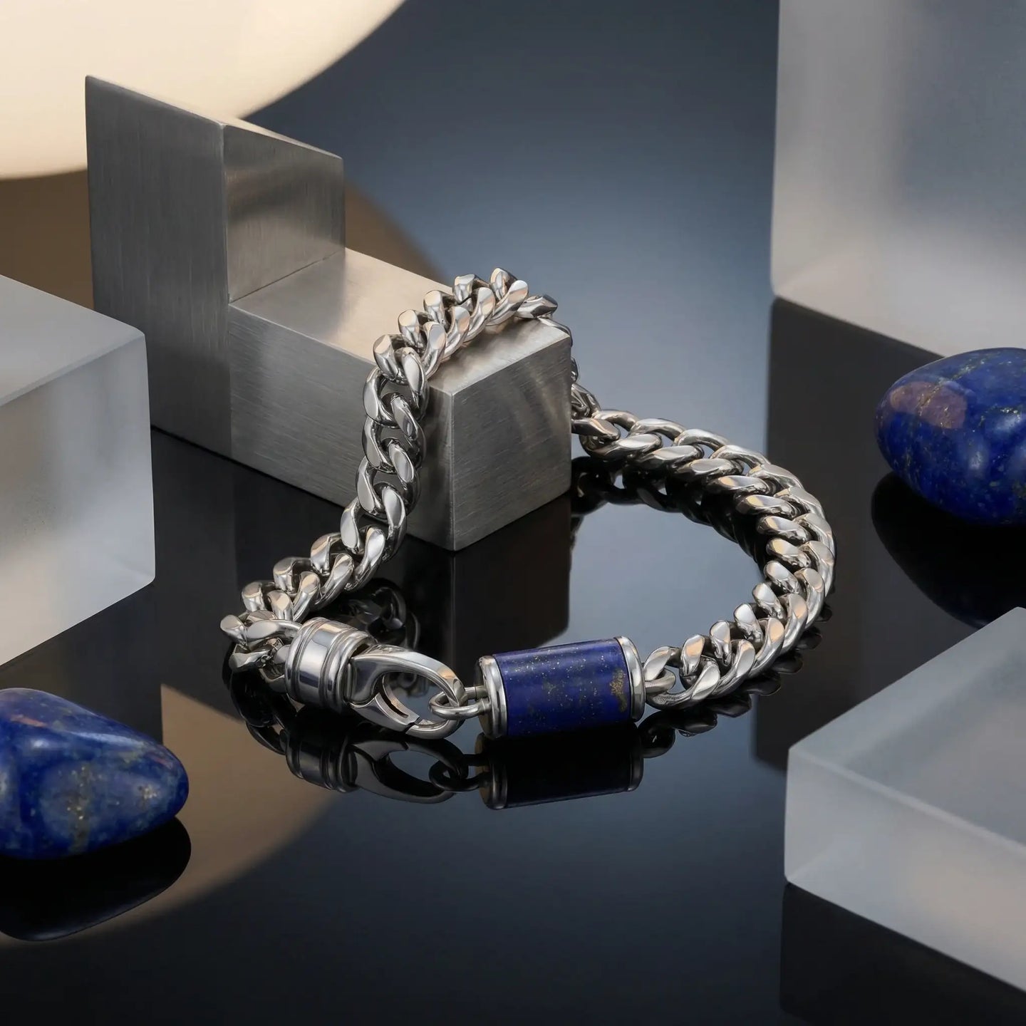 Stainless Steel Bracelet With Lapis Inlay - 9 Inch - Larson Jewelers