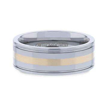 LAZIO 14k Gold Inlay with Grooved Edges Tungsten Polished Wedding Band - 8mm - Larson Jewelers