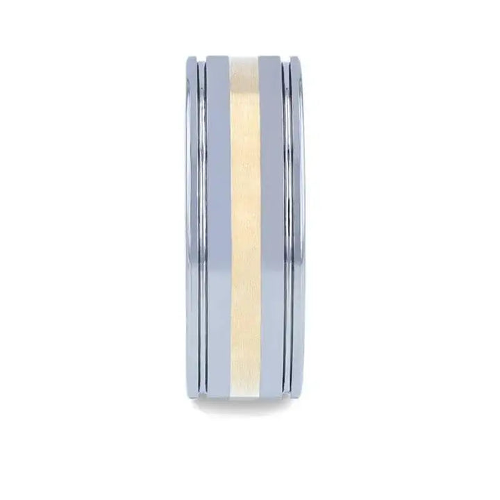 LAZIO 14k Gold Inlay with Grooved Edges Tungsten Polished Wedding Band - 8mm - Larson Jewelers