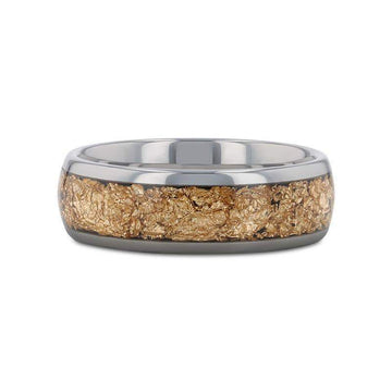 Flat lay of the 8mm domed tungsten carbide ring highlighting the gold flakes inlay