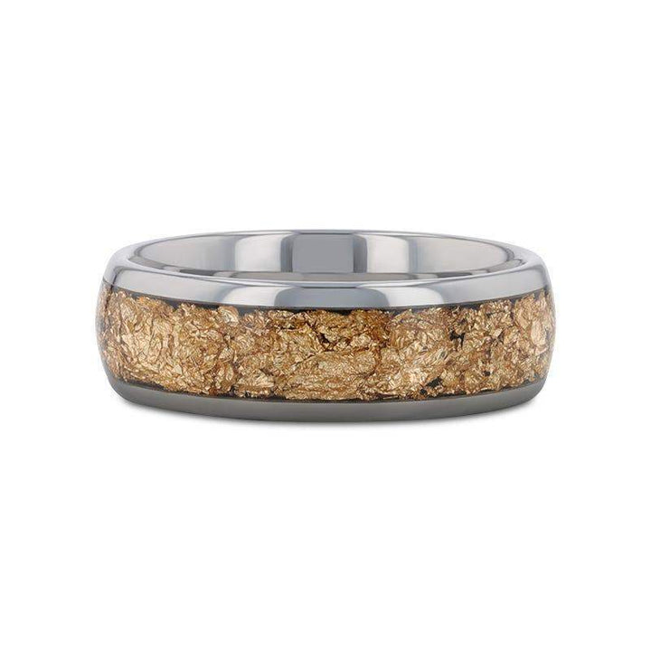 Flat lay of the 8mm domed tungsten carbide ring highlighting the gold flakes inlay