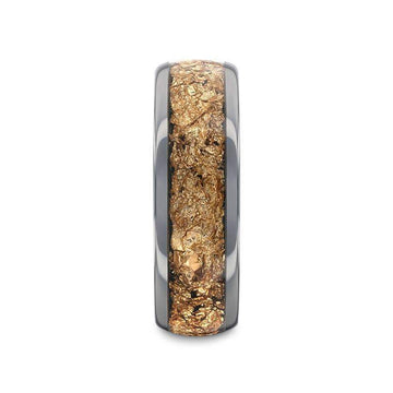 Front view showing the 8mm band’s domed profile and textured gold flakes inlay