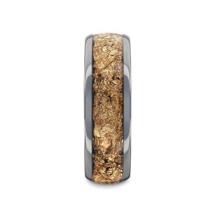 Front view showing the 8mm band’s domed profile and textured gold flakes inlay