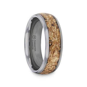 Side view of an 8mm polished tungsten carbide ring with a central inlay of decorative gold flakes