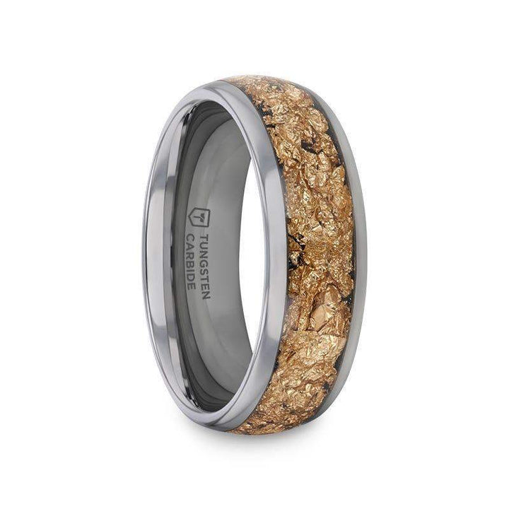 Side view of an 8mm polished tungsten carbide ring with a central inlay of decorative gold flakes
