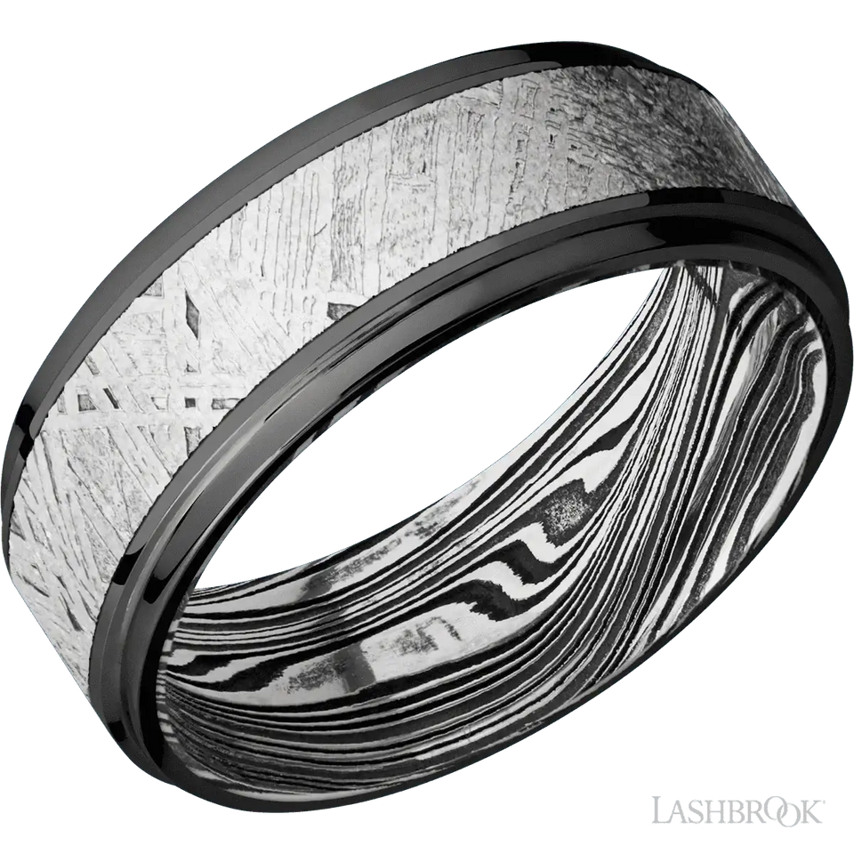 Zirconium with Polish , Polish Finish and Meteorite Inlay and Marble - 8MM - Larson Jewelers