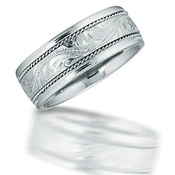 MOLOKAI Novell Hand Engraved Hawaiian Patterned Center Silver Wedding Band - 8mm - Larson Jewelers