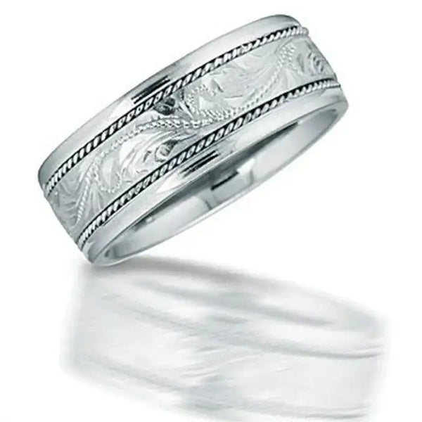 MOLOKAI Novell Hand Engraved Hawaiian Patterned Center Silver Wedding Band - 8mm - Larson Jewelers