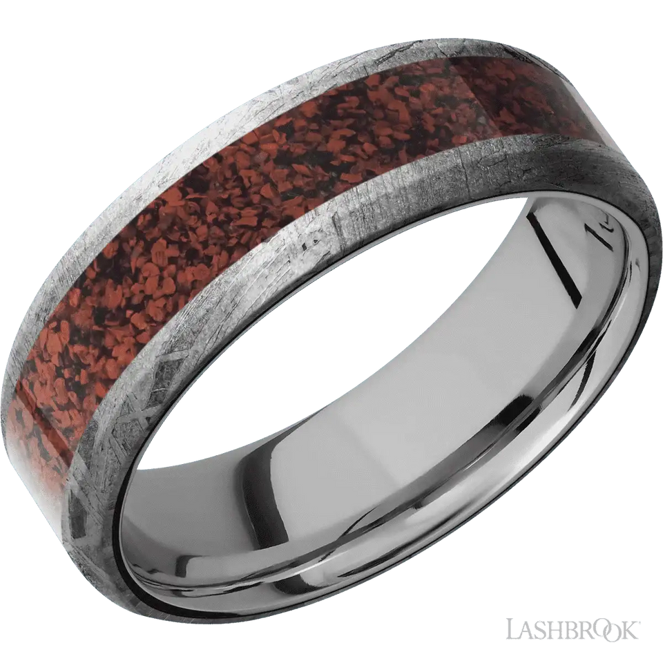 Meteorite with None Finish and Dinosaur Bone Red Inlay - 7MM - Larson Jewelers