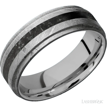 Meteorite with None Finish and Black Onyx Inlay Flat Grooved Edges - 7MM - Larson Jewelers