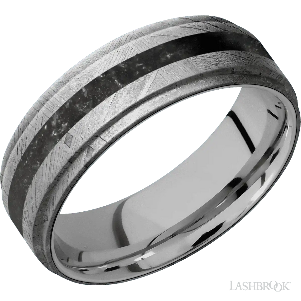 Meteorite with None Finish and Black Onyx Inlay Flat Grooved Edges - 7MM - Larson Jewelers