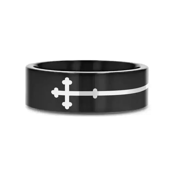 SIDEWAYS CROSS on Black Flat Tungsten Carbide Ring - Larson Jewelers