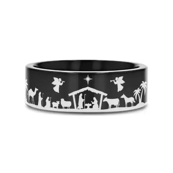 NATIVITY SCENE on Black Flat Tungsten Carbide Ring - Larson Jewelers