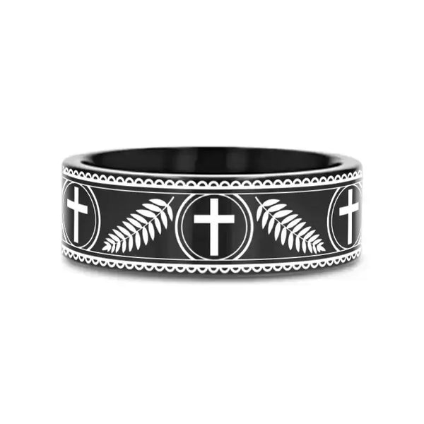 PALM BRANCHES on Black Flat Tungsten Carbide Ring - Larson Jewelers