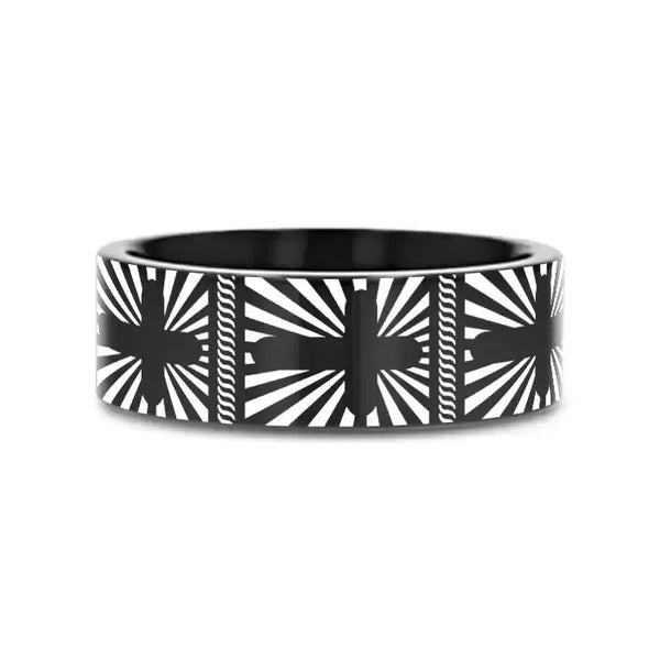 SUNBURST CROSSES on Black Flat Tungsten Carbide Ring - Larson Jewelers