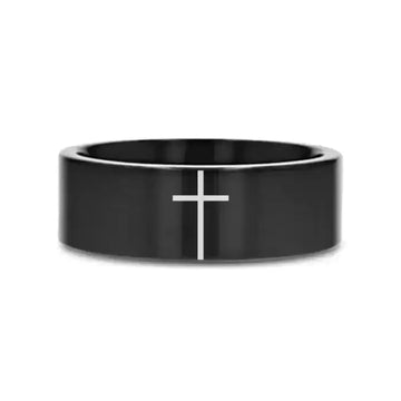 MINIMALIST CROSS Laser Engraved on Flat Black Tungsten Carbide Ring - Larson Jewelers