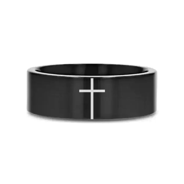 MINIMALIST CROSS Laser Engraved on Flat Black Tungsten Carbide Ring - Larson Jewelers