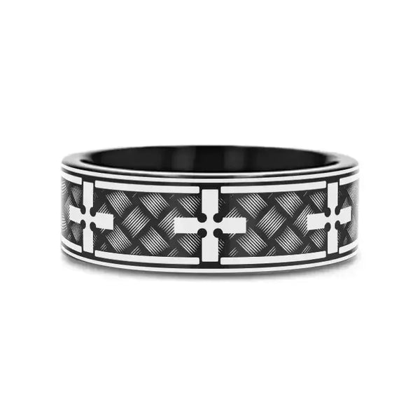 WOVEN CROSSES on Black Flat Tungsten Carbide Ring - Larson Jewelers
