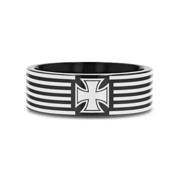 IRON CROSS on Black Flat Tungsten Carbide Ring - Larson Jewelers