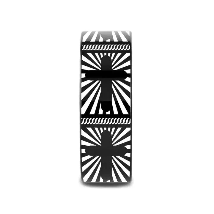 SUNBURST CROSSES on Black Flat Tungsten Carbide Ring - Larson Jewelers